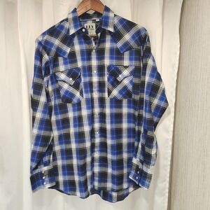 Men's Ely Cattlman Pearl Snap Western LS Blue Plaid Shirt Cowboy Rancher Size M‎